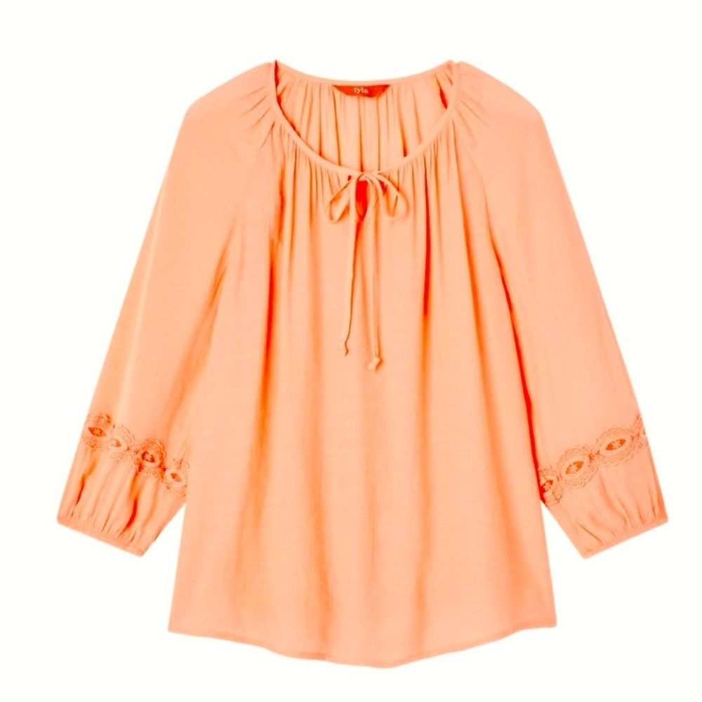 Peach Boho Blouse with Embroidery detail,  pop over w/Front Tie loose Fit sz L